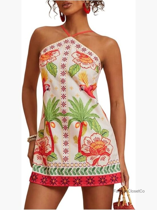 Dresses & Skirts - Backless Halter Mini Dress - Tropical Vacation Outfit